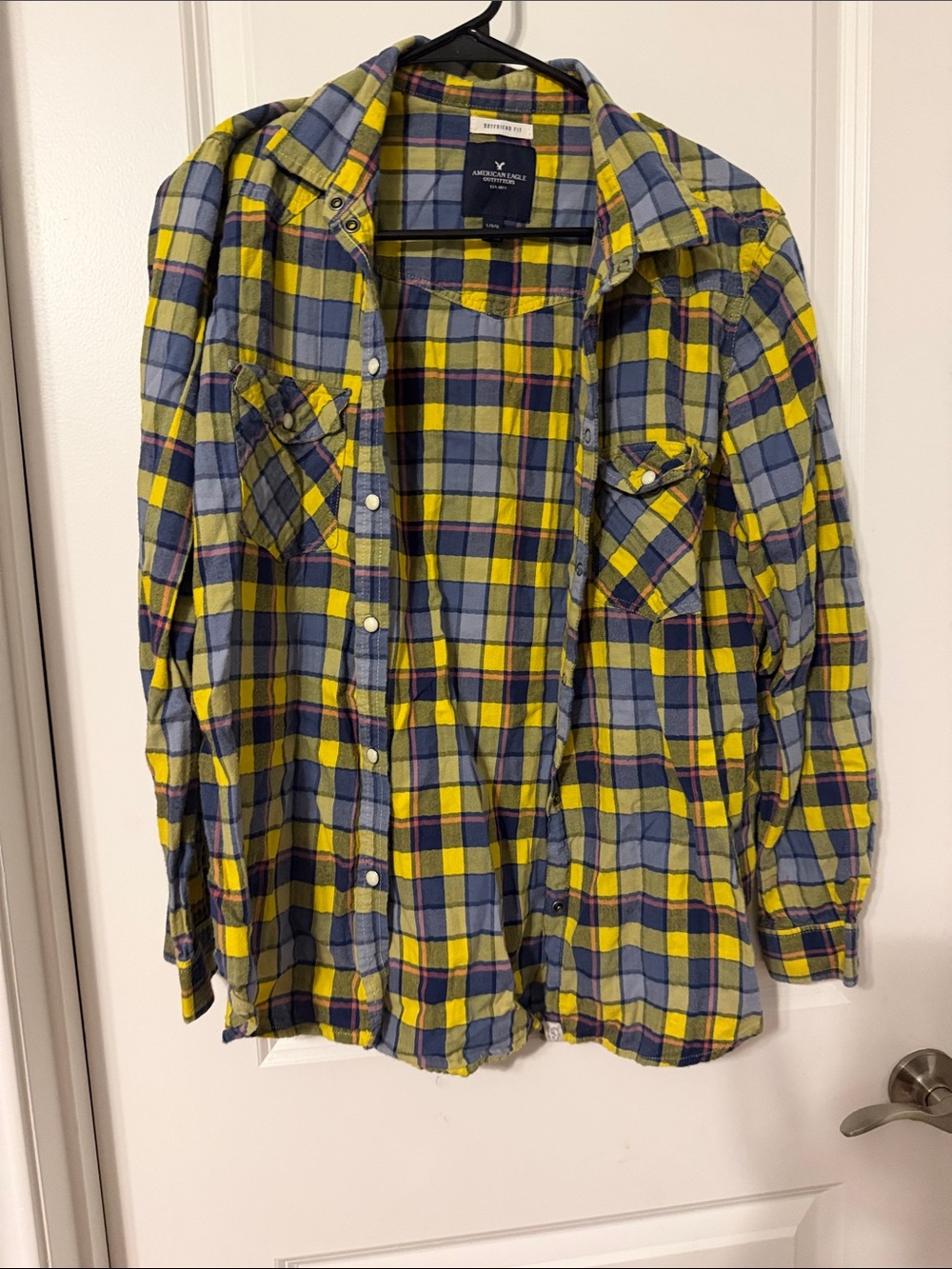 American Eagle Outfitters Yellow and Blue Plaid Button-Down Shirt